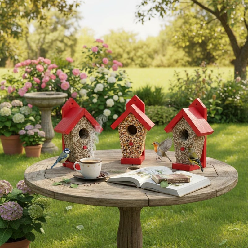 CEDAR ALPHA Seed Bird Feeder Houses with Suet Cakes, Decorative Red Wood Roof，Weather Proof, Attracts Wild Birds for Backyard, Patio, and Outdoor Feeding, Fun DIY Bird Watching Gift for Bird Lovers, Set/3 - Image 4